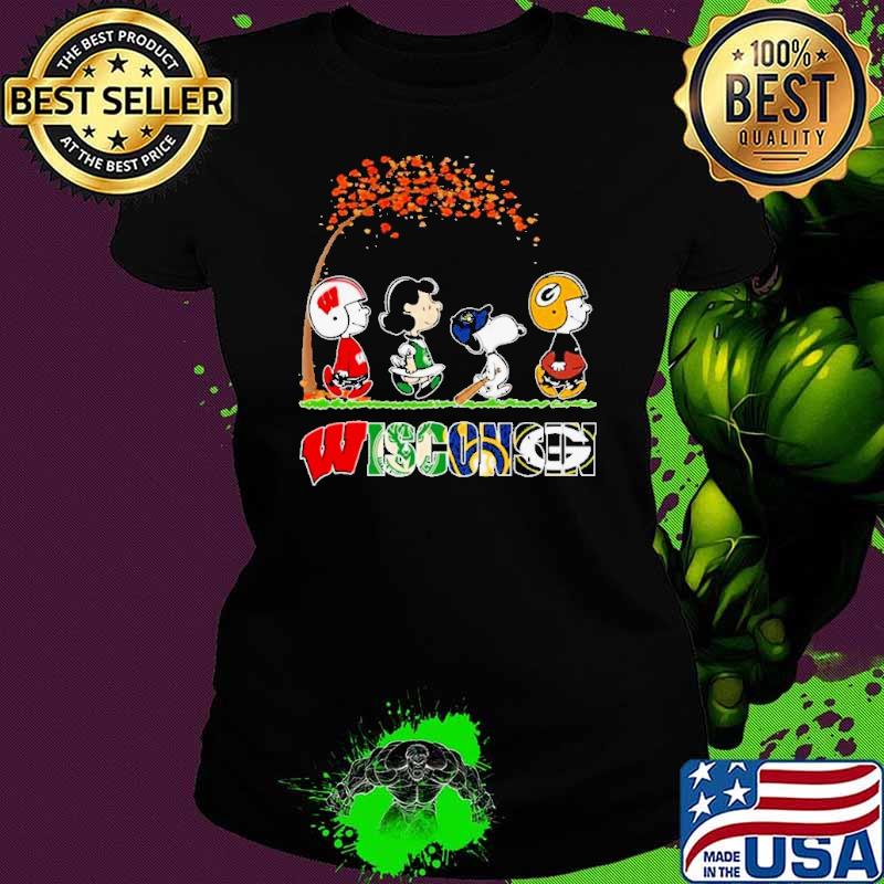 Snoopy Peanuts Loves Fall And Wisconsin Green Bay Packers Milwaukee Bucks Brewers shirt