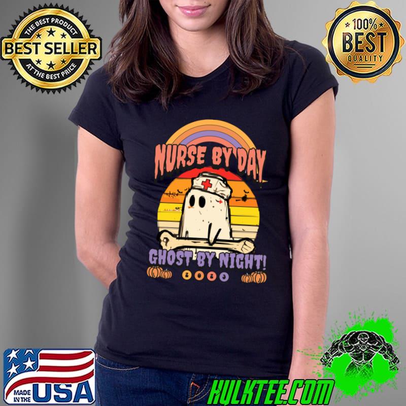 Halloween Nurse By Day Ghost By Night Fall Ghost Vintage Sunset T-Shirt
