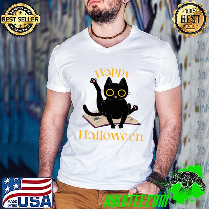 Happy Halloween Black Cat With Spellbook T-Shirt