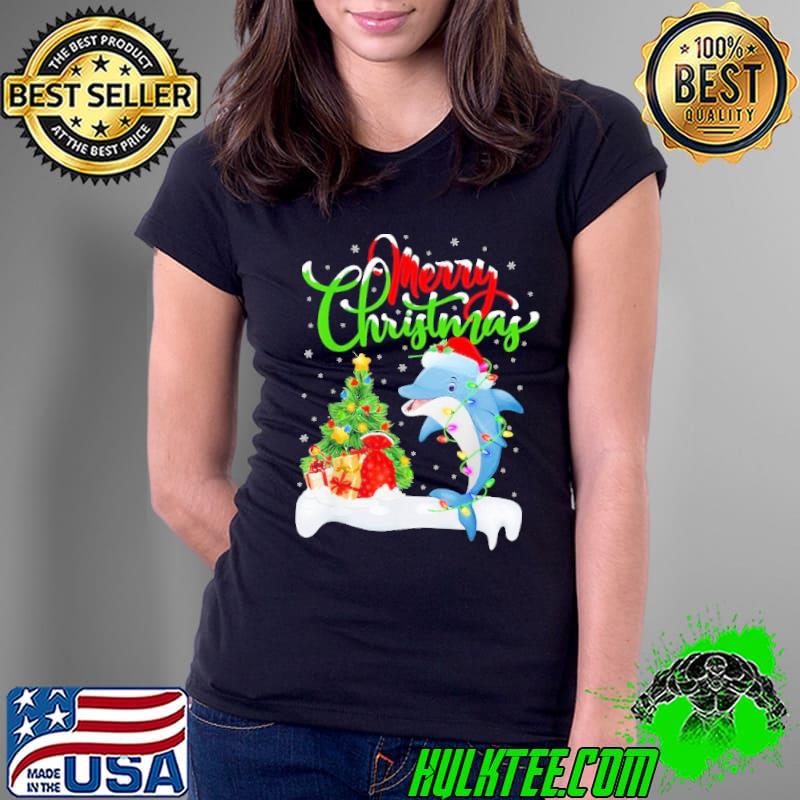 Merry christmas dolphin wear santa hat lights shirt