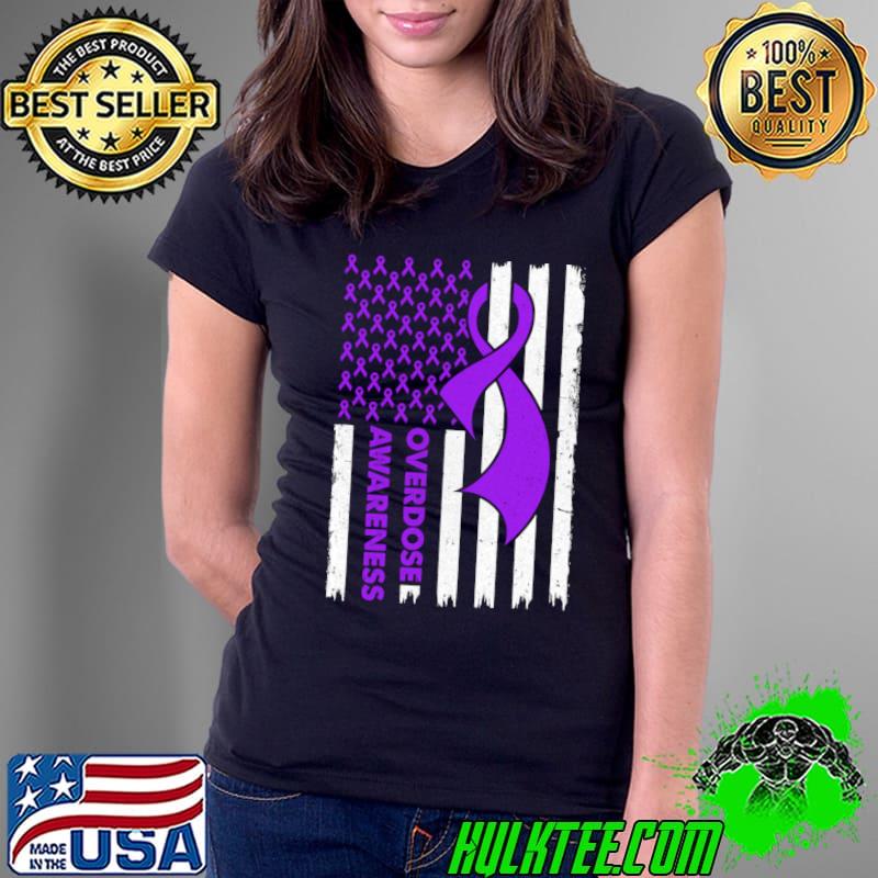 Overdose Awareness Flag Purple Ribbon Addiction Recovery T-Shirt