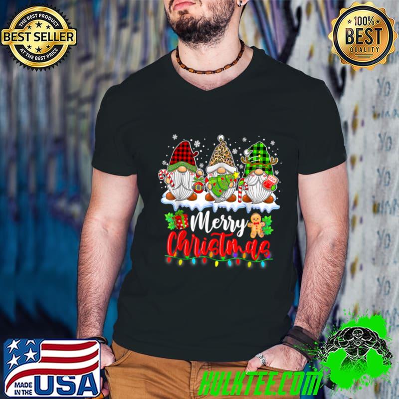 Three Gnomes Merry Christmas Light Family Leopard Plaid T-Shirt Guys V Neck Three Gnomes Merry Christmas Light Family Leopard Plaid T-Shirt Guys V Neck