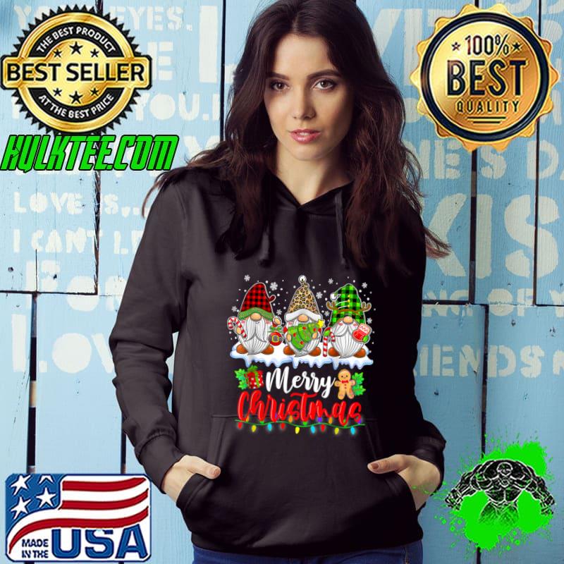 Three Gnomes Merry Christmas Light Family Leopard Plaid T-Shirt Hoodie Three Gnomes Merry Christmas Light Family Leopard Plaid T-Shirt Hoodie