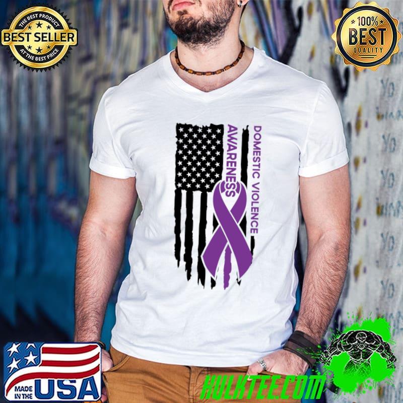 Domestic Violence Awareness American Flag Purple Ribbon T-Shirt