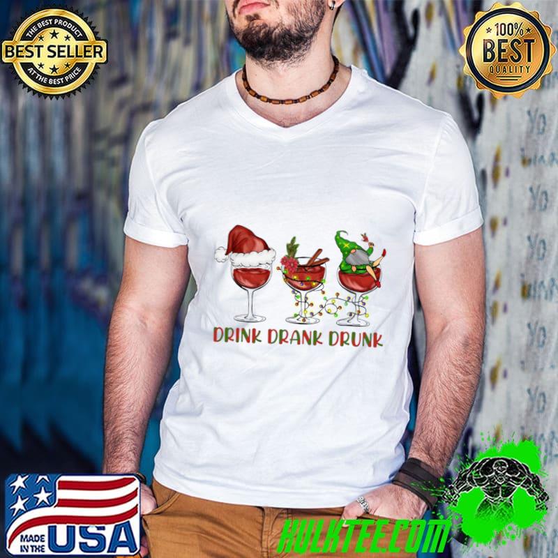 Drink Drank Drunk Wine Lights Gnome Santa Christmas T-Shirt