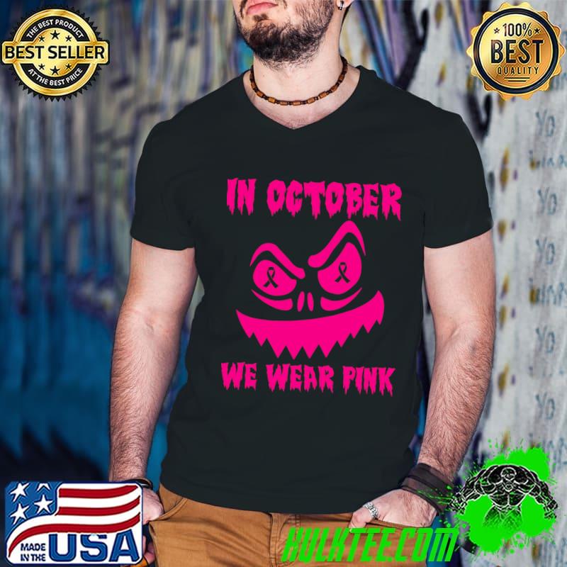 In October We Wear Pink Ribbon Breast Cancer Jackolantern Halloween T-Shirt Guys V Neck In October We Wear Pink Ribbon Breast Cancer Jackolantern Halloween T-Shirt Guys V Neck