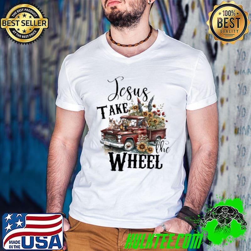 Jesus take the wheel red car sunflower animal shirt