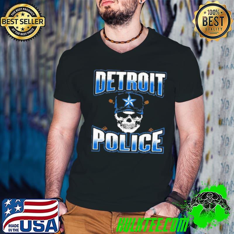 Detroit Michigan PD Policeman Graphic Skull Guns Thin Blue Shirt