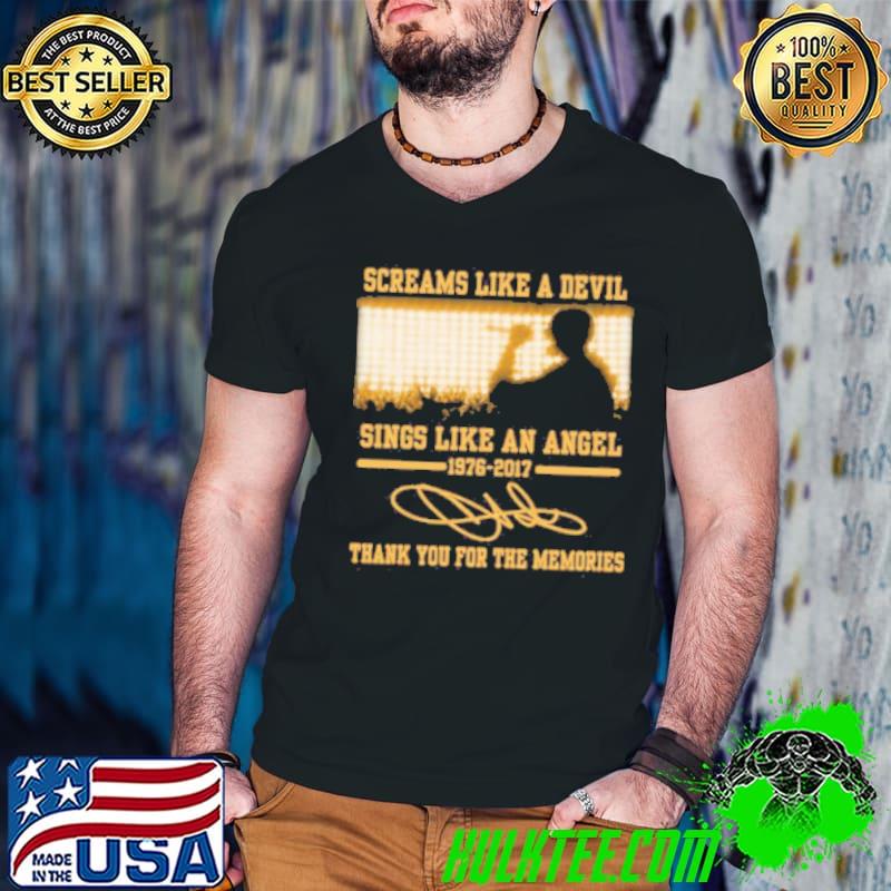 Screams Like A Devil Sings Like An Angel 1976 2017 Thank You For The Memories Signatures Shirt Guys V Neck Screams Like A Devil Sings Like An Angel 1976 2017 Thank You For The Memories Signatures Shirt Guys V Neck