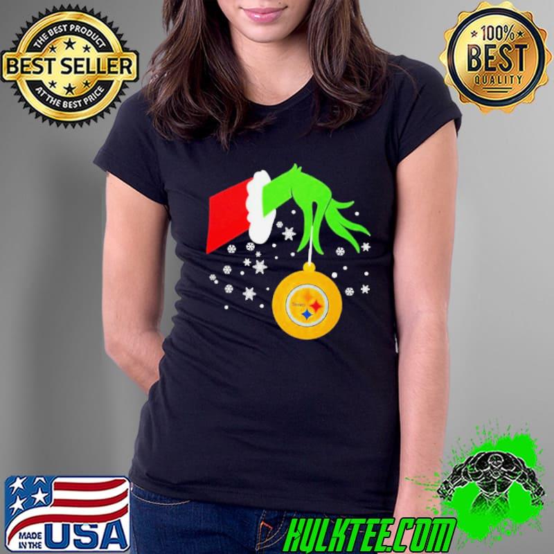 The Grinch Hand Christmas Ornament Pittsburgh Steelers 2023 s Ladies Tee The Grinch Hand Christmas Ornament Pittsburgh Steelers 2023 s Ladies Tee