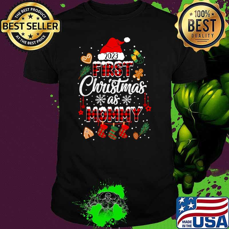 First Christmas As Mommy 2023 Xmas Family Christmas Red Plaid T-Shirt