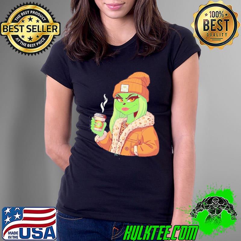 Girl Grinch Hat Santa Hug Coffee Merry Christmas Shirt Ladies Tee Girl Grinch Hat Santa Hug Coffee Merry Christmas Shirt Ladies Tee