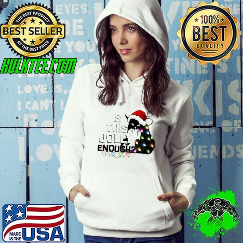 Is this jolly enough black cat wear santa hat lights xmas shirt