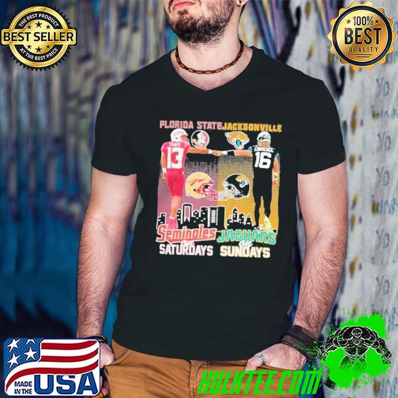 Jordan Travis Florida State Seminoles On Saturdays Trevor Lawrence Jacksonville Jaguars On Sundays Signatures Shirt Guys V Neck Jordan Travis Florida State Seminoles On Saturdays Trevor Lawrence Jacksonville Jaguars On Sundays Signatures Shirt Guys V Neck