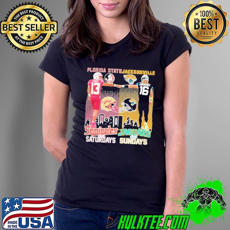 Jordan Travis Florida State Seminoles On Saturdays Trevor Lawrence Jacksonville Jaguars On Sundays Signatures Shirt Ladies Tee Jordan Travis Florida State Seminoles On Saturdays Trevor Lawrence Jacksonville Jaguars On Sundays Signatures Shirt Ladies Tee