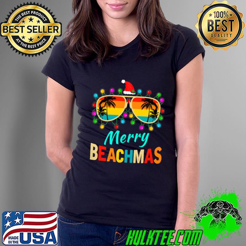 Merry Beachmas Tropical Christmas Santa Hawaii Sunglasses Vintage Sunset Palms Tree T-Shirt