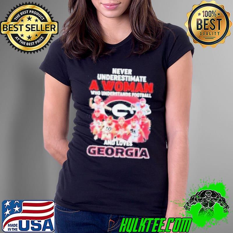 Never Underestimate A Woman Who Understands Football And Loves Georgia College Football Signatures Christmas Shirt