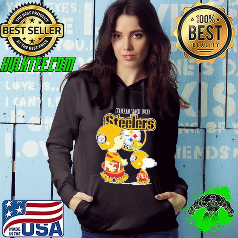Official Nfl Pittsburgh Steelers Here We Go Steelers Charlie Brown Snoopy And Woodstock shirt