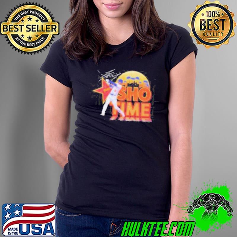 Shohei Ohtani Los Angeles Dodgers baseball player pose Sho time skyline signature s Ladies Tee Shohei Ohtani Los Angeles Dodgers baseball player pose Sho time skyline signature s Ladies Tee