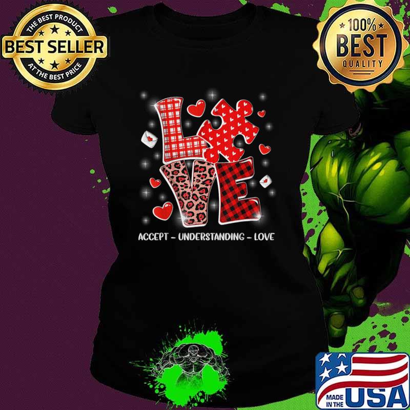 Accept Understand Love Autism Awareness Valentine's Day Leopard Plaid T-Shirt Ladies tee Accept Understand Love Autism Awareness Valentine's Day Leopard Plaid T-Shirt Ladies tee