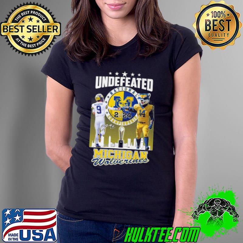 J.J. McCarthy And Mascot Undefeated National Champions Michigan Wolverines Signature Shirt Ladies Tee J.J. McCarthy And Mascot Undefeated National Champions Michigan Wolverines Signature Shirt Ladies Tee