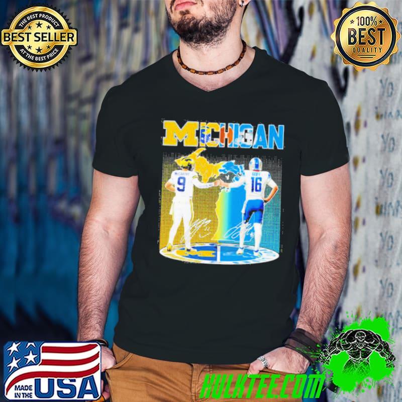 Michigan Wolverines McCarthy and Detroit Lions Goff 2023 2024 Season Champions Signatures Shirt