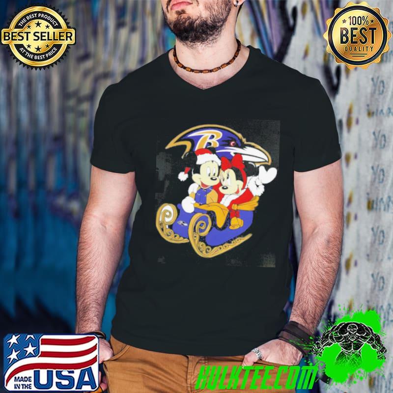 Mickey Minnie Santa Ride Sleigh Christmas Baltimore Ravens 2024 Shirt