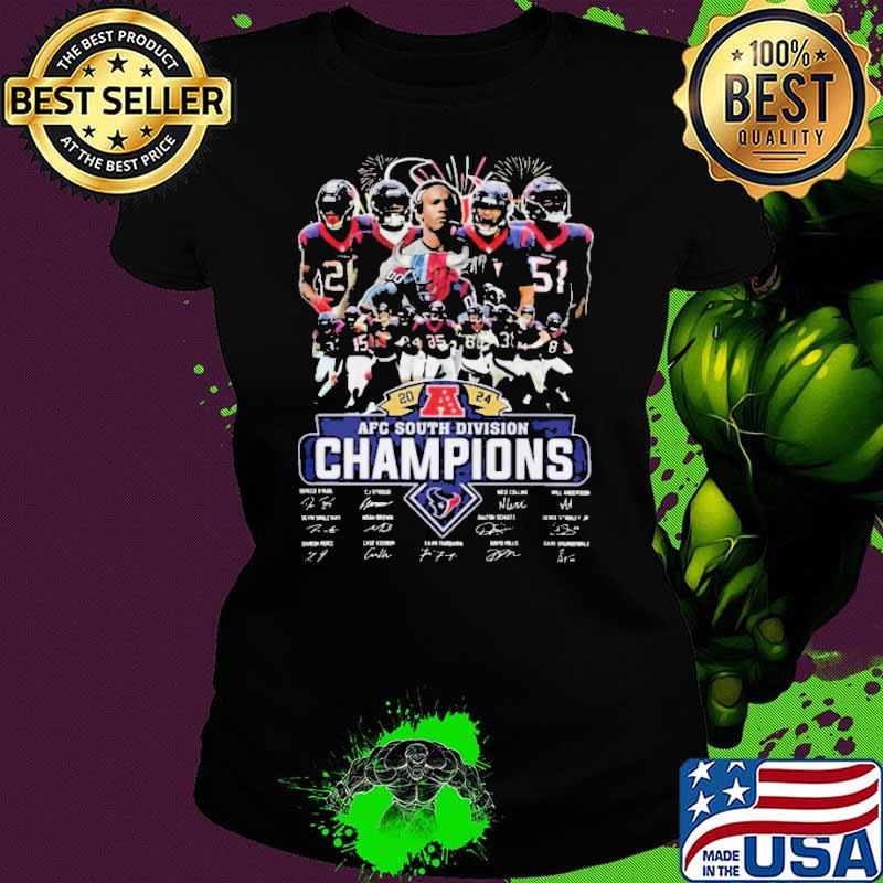 Houston Texans Team 2024 Afc South Division Champions Signatures Fireworks Shirt Ladies tee Houston Texans Team 2024 Afc South Division Champions Signatures Fireworks Shirt Ladies tee
