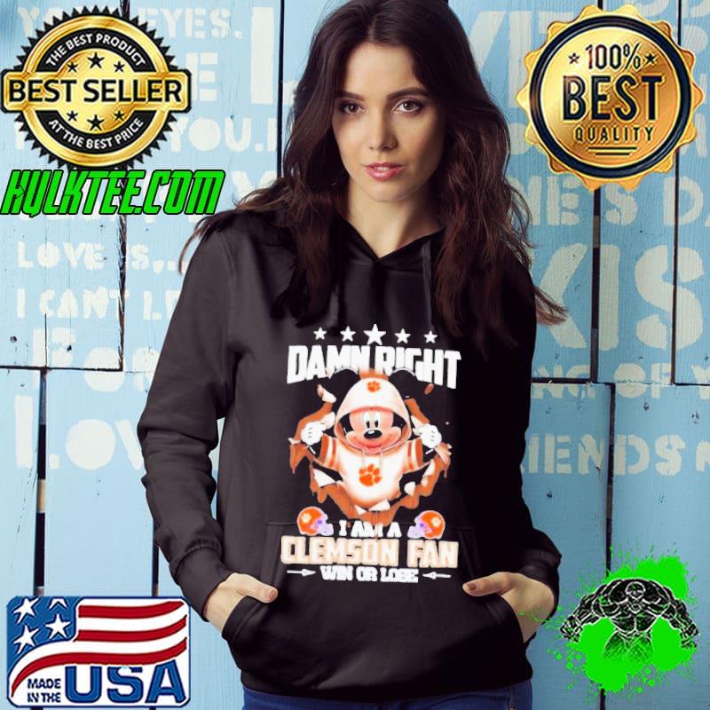 Official mickey mouse damn right I am a Clemson Tigers fan win or lose Helmet And logo shirt