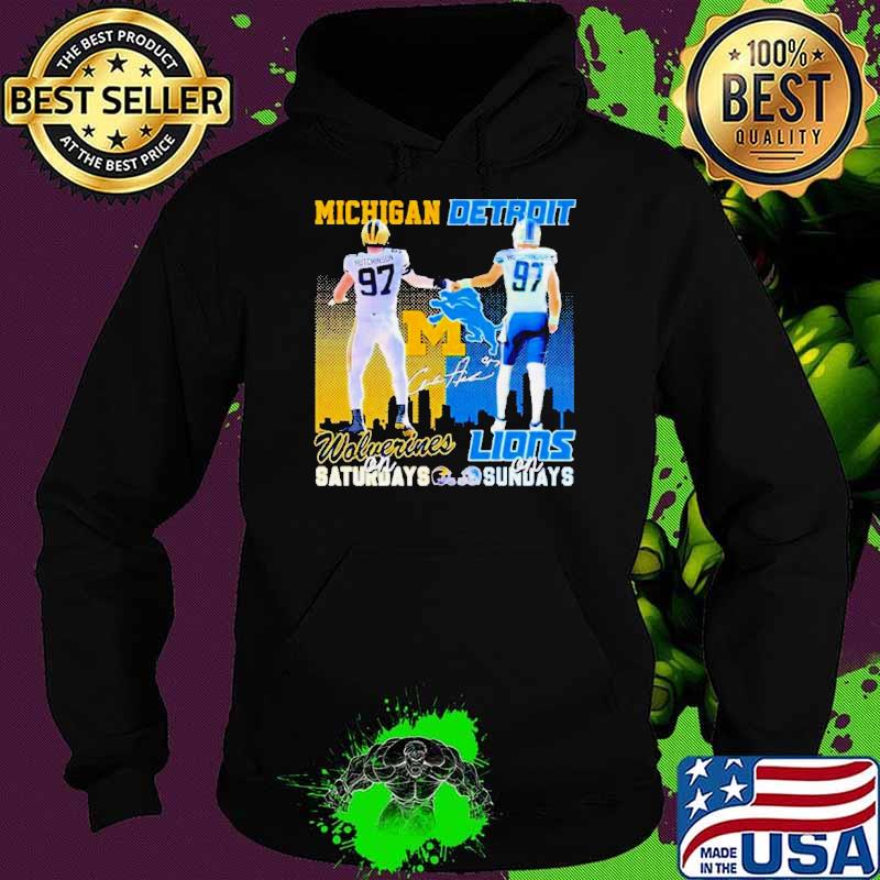 Skyline Aidan Hutchinson Michigan Wolverines On Saturdays Detroit Lions On Sundays Shirt Hoodie Skyline Aidan Hutchinson Michigan Wolverines On Saturdays Detroit Lions On Sundays Shirt Hoodie
