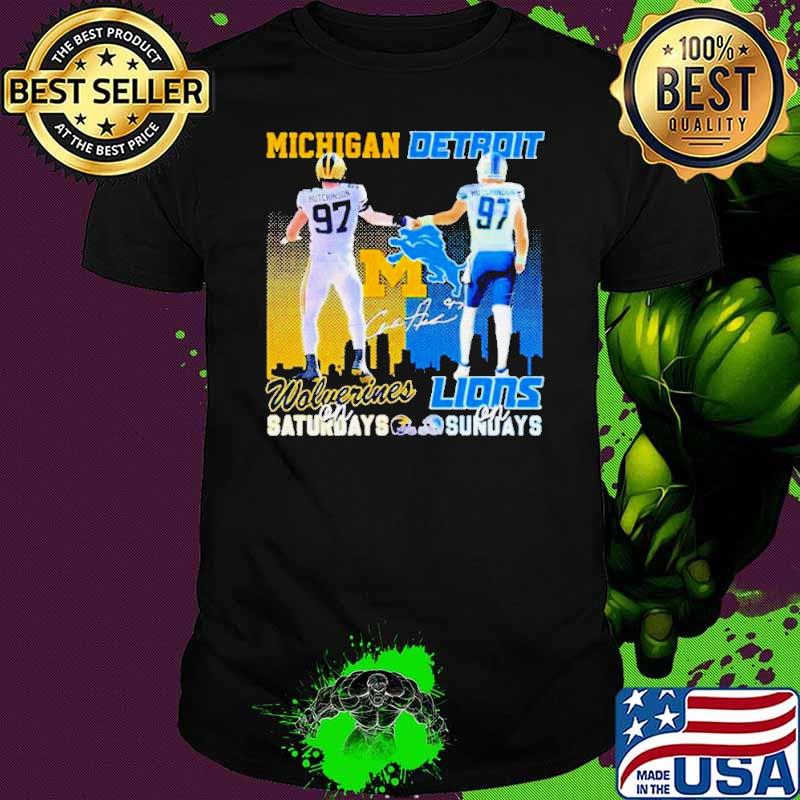 Skyline Aidan Hutchinson Michigan Wolverines On Saturdays Detroit Lions On Sundays Shirt Unisex Skyline Aidan Hutchinson Michigan Wolverines On Saturdays Detroit Lions On Sundays Shirt Unisex