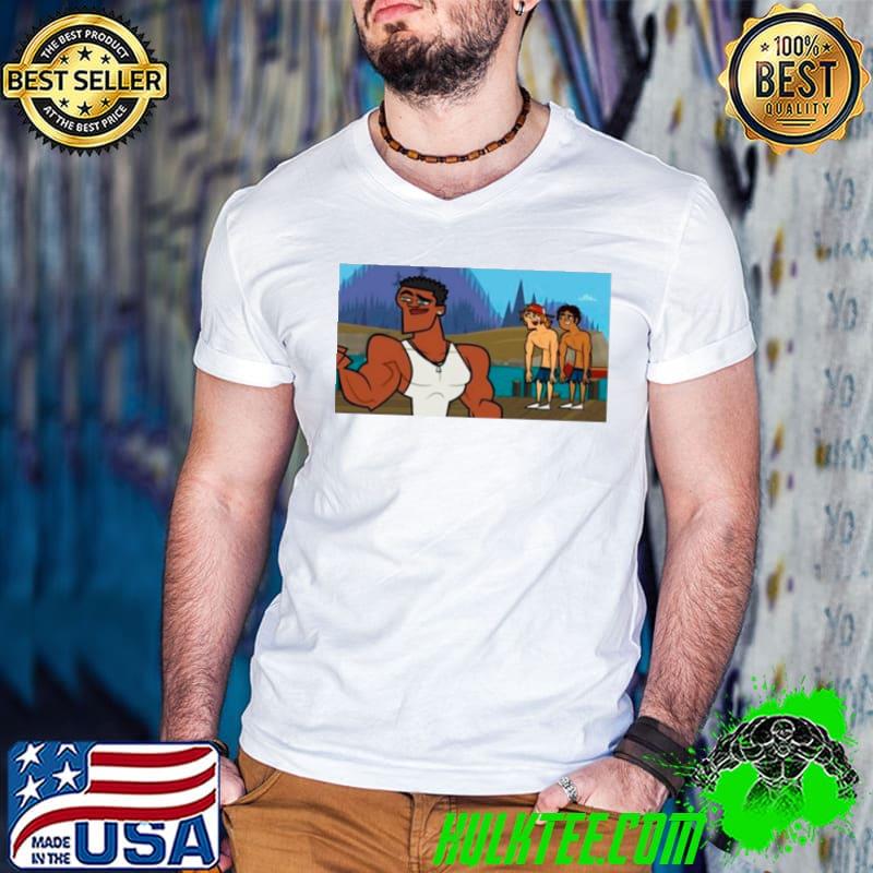 Wayne and Raj looks at caleb shirt