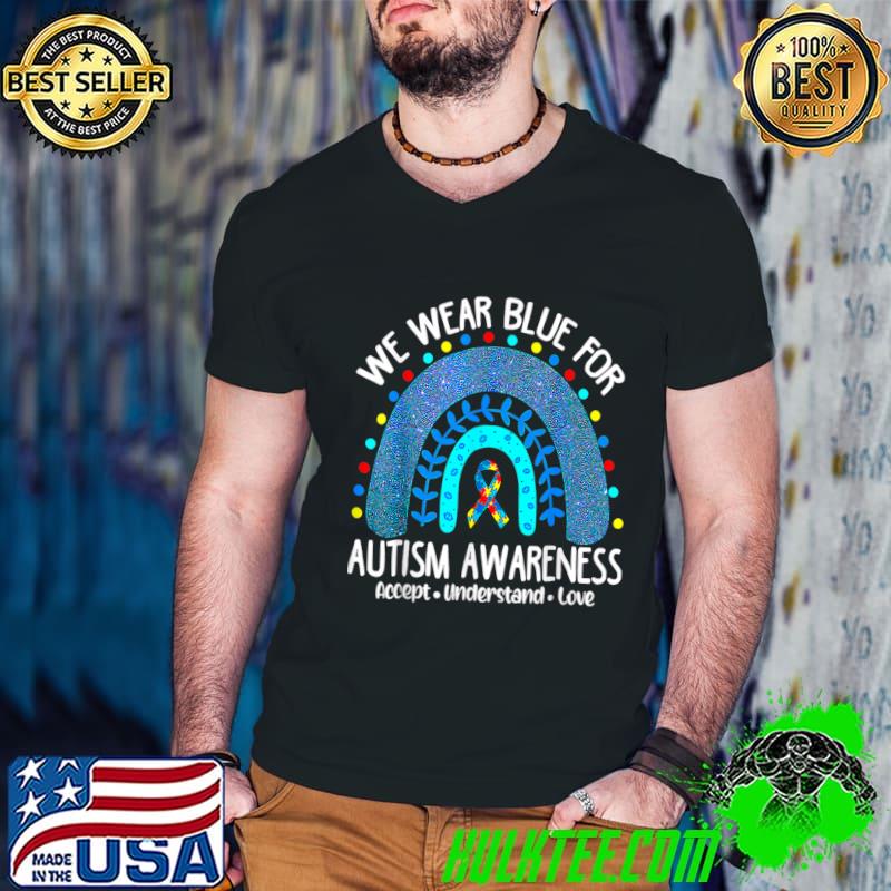 We Wear Blue For Autism Awareness Month Leopard Rainbow T-Shirt Guys V Neck We Wear Blue For Autism Awareness Month Leopard Rainbow T-Shirt Guys V Neck