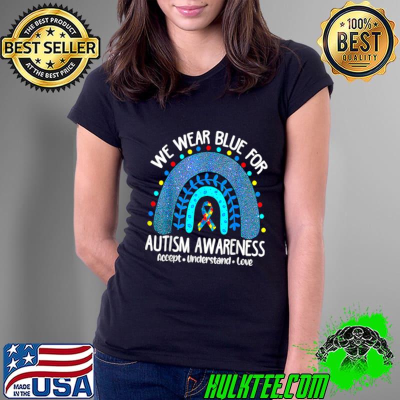 We Wear Blue For Autism Awareness Month Leopard Rainbow T-Shirt Ladies Tee We Wear Blue For Autism Awareness Month Leopard Rainbow T-Shirt Ladies Tee