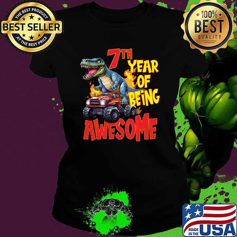 7th Year of Being Awesome 7yr Birthday Truck Dinosaur Boy Girl 7 Years Old T-Shirt