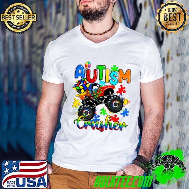 Autism Crusher Autism Awareness Monster Truck Autism Puzzle T-Shirt Guys V Neck Autism Crusher Autism Awareness Monster Truck Autism Puzzle T-Shirt Guys V Neck