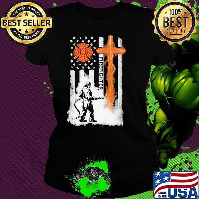 Firefighter human american flag cross shirt