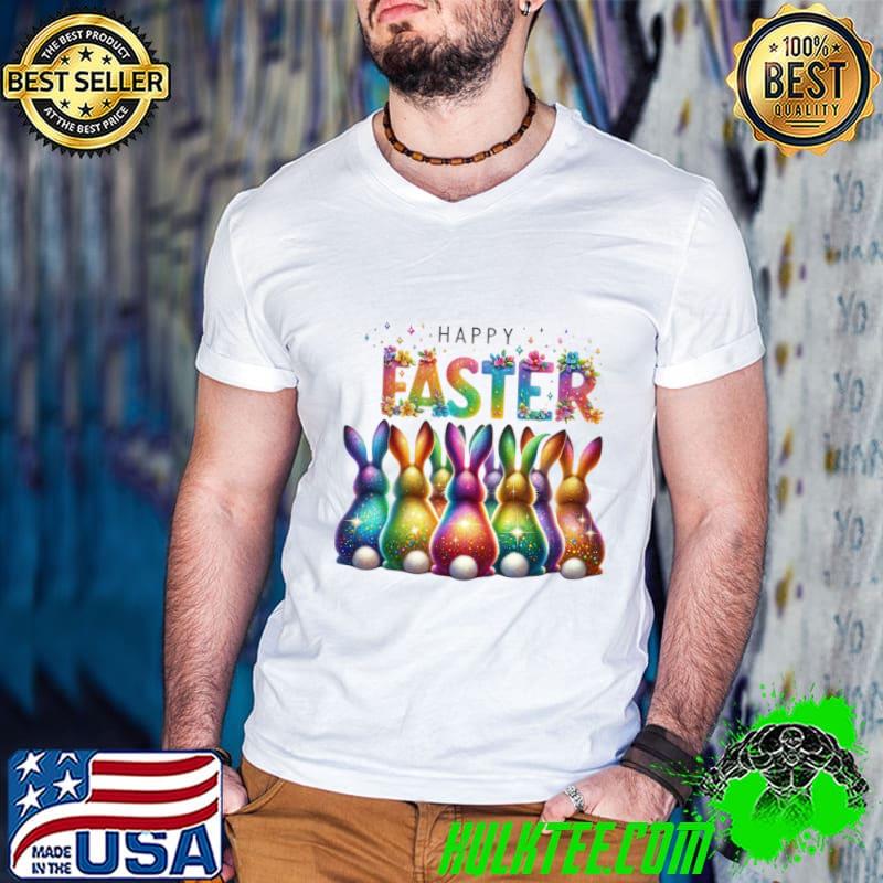 Happy Easter Glitter Bunnies Flower T-Shirt
