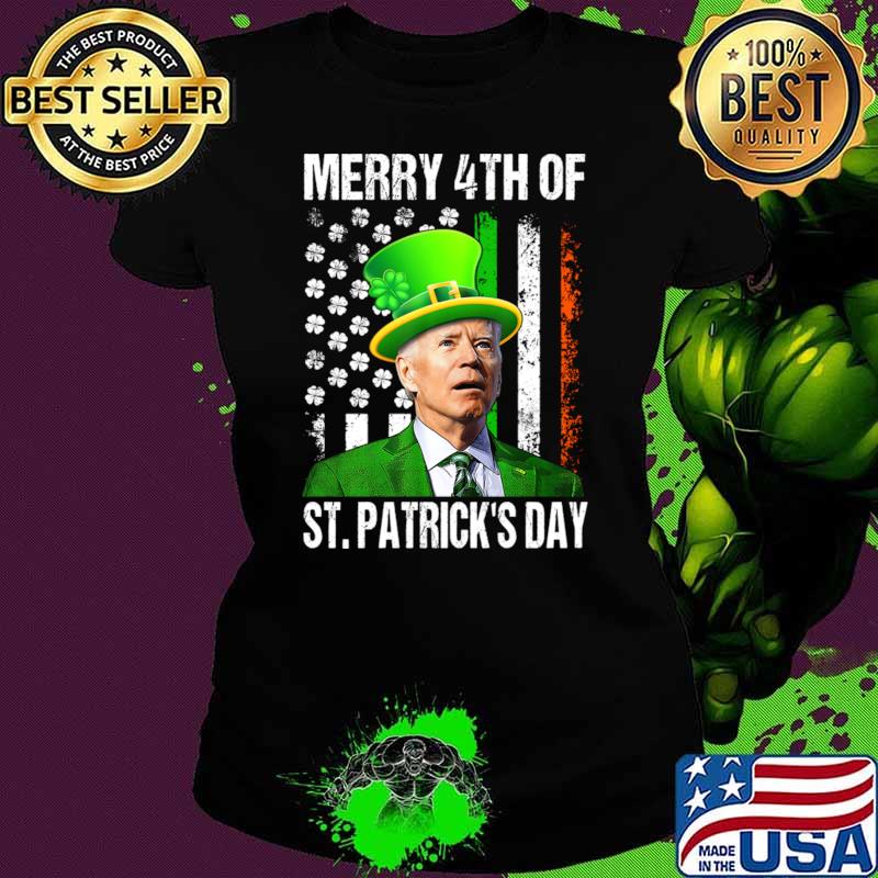 Merry 4th Of St Patrick's Day Joe Biden Leprechaun Hat American Flag T-Shirt