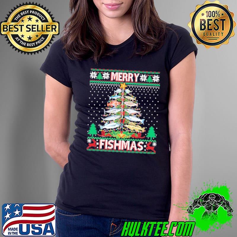 Merry Fishmas Ugly Sweater Fish Fishing Rod Christmas Tree s Ladies Tee Merry Fishmas Ugly Sweater Fish Fishing Rod Christmas Tree s Ladies Tee