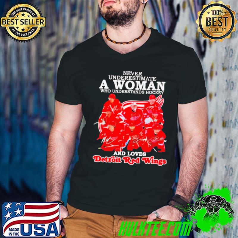 Never underestimate a woman who understands hockey and loves Detroit Red Wings signatures s Guys V Neck Never underestimate a woman who understands hockey and loves Detroit Red Wings signatures s Guys V Neck