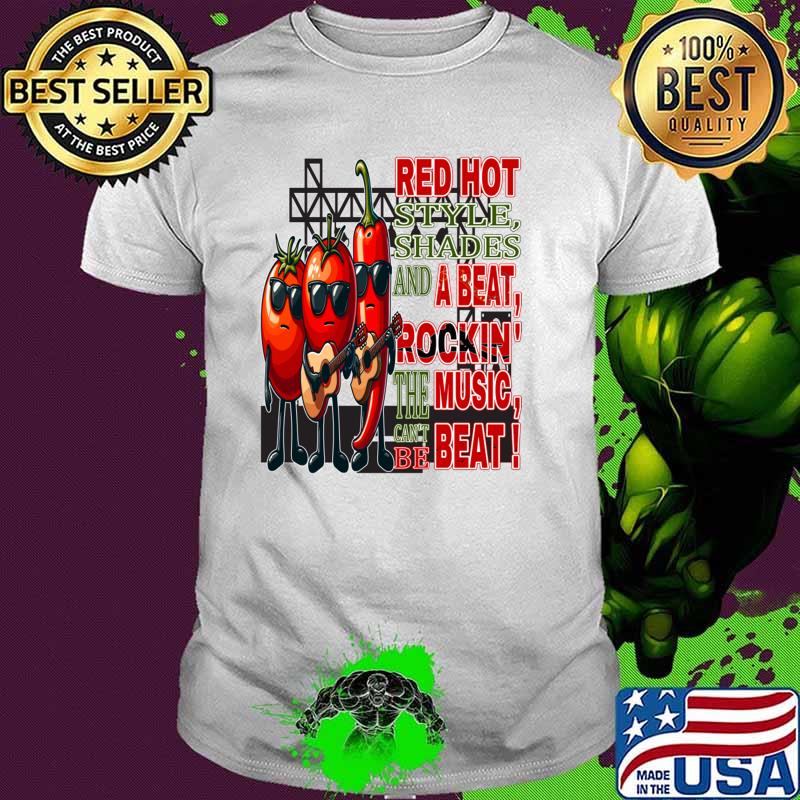 Red Hot Style Rockin the Beat The Music Can't Be Beat Groovy Veggie Band T-Shirt