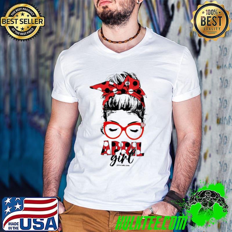 April girl messy bun hair shirt