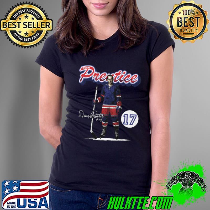 Dean Prentice Canadian professional ice hockey left winger New York R Retro Script T-Shirt Ladies Tee Dean Prentice Canadian professional ice hockey left winger New York R Retro Script T-Shirt Ladies Tee