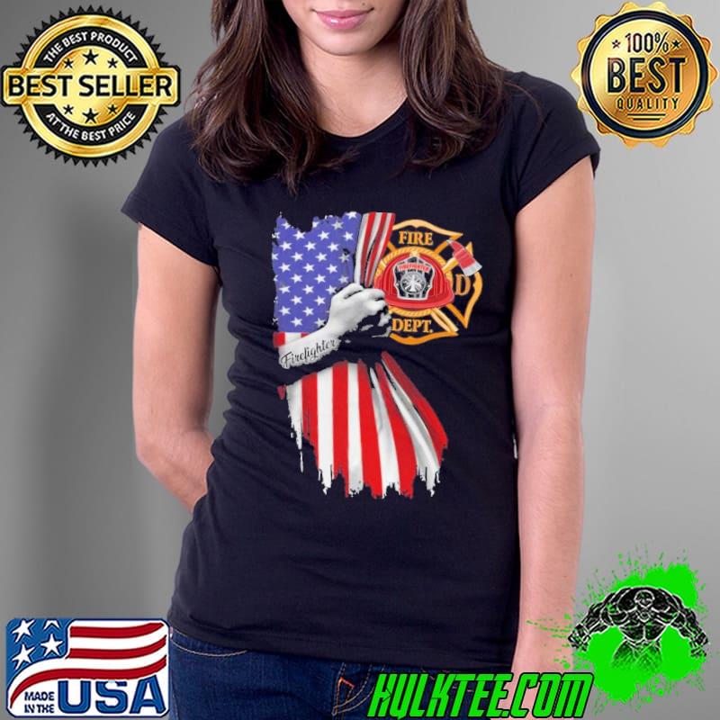 Proud Firefighter Strong Hand Symbol USa flag shirt