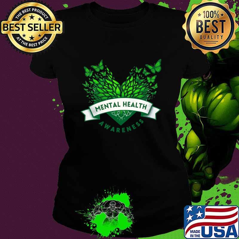 Mental Health Awareness Heart Butterflies Green Nature T-Shirt