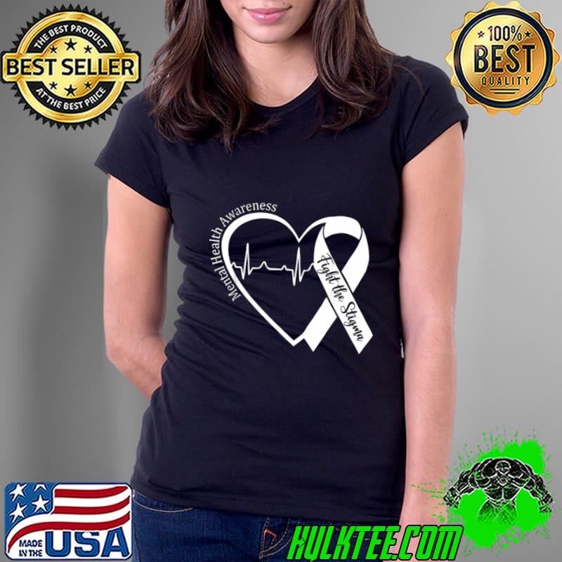 Mental Health Awareness Heart Fight The Stigma Green Ribbon T-Shirt