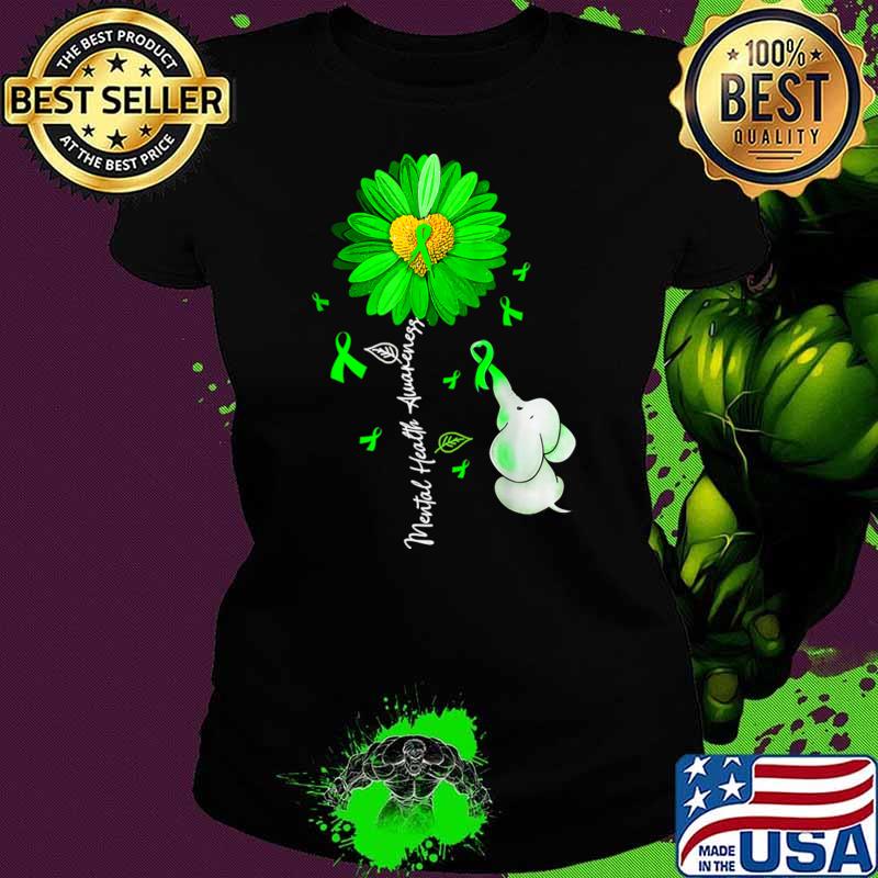 Mental Health Awareness Sunflower Green Ribbon Elephant T-Shirt