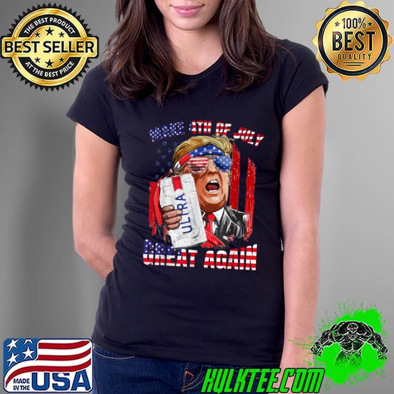 Make 4th Of July Great Again Donald Trump Sunglasses US Flag Ladies Tee
