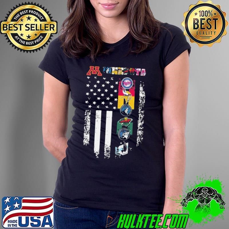 Minnesota golden Minnesota twins Minnesota timberwolves Minnesota wild Minnesota vikings logo flag America T-shirt